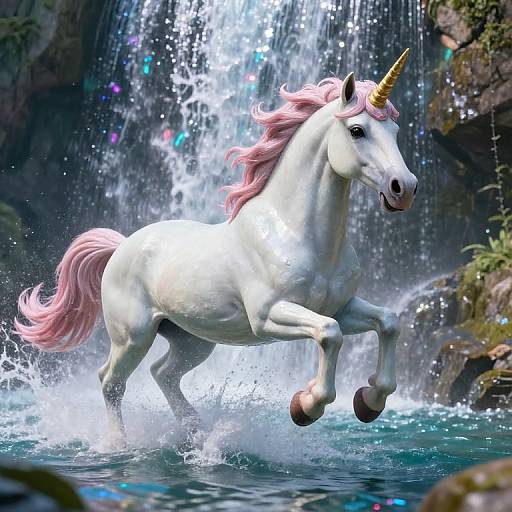 Galloping Unicorn Through Sparkling Waterfall