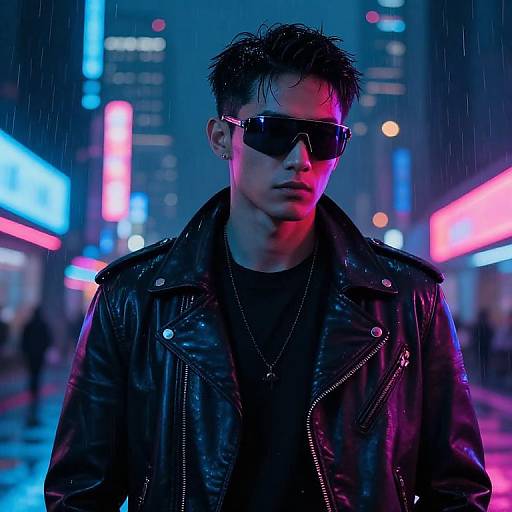 Neon-lit, rainy city street photograph of a serious Asian man in a black leather jacket and sunglasses, with vibrant blue and pink lights in the