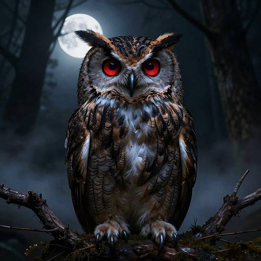 Photograph-like digital art of a fierce, red-eyed owl with detailed brown and white feathers, perched on a branch under a full moon in a