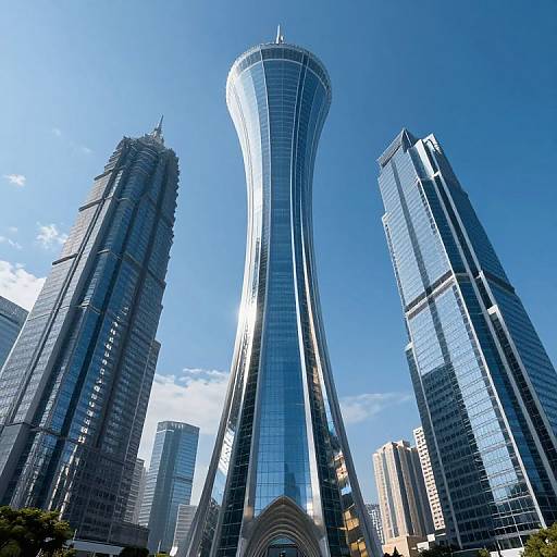 Photograph of modern skyscrapers with sleek, reflective glass façades under a clear blue sky, featuring a uniquely curved central building.