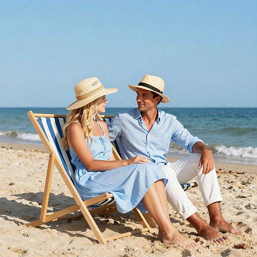 Photograph of a blonde woman and a man with tan skin, wearing light blue dresses and white shirts, sitting on a beach chair, looking at each