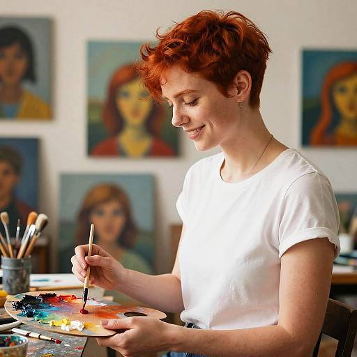 Photograph of a smiling, red-haired woman in a white shirt painting on a palette with vibrant colors, surrounded by portraits on a white wall.