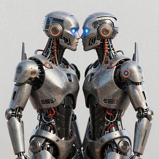 Photorealistic CGI of two silver, humanoid robots with glowing blue eyes, standing face-to-face, against a white background, highlighting their detailed, mechanical