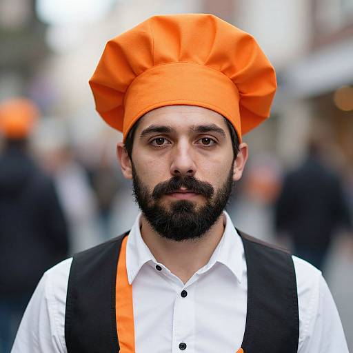 Photograph of a bearded man with dark skin and brown eyes, wearing an orange turban, white shirt, black vest, and orange sash