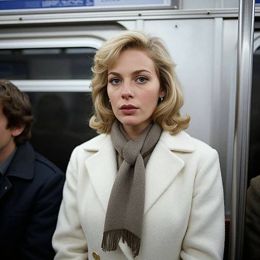Photograph of a blonde woman with wavy hair, wearing a white coat and gray scarf, looking serious in a subway car.
