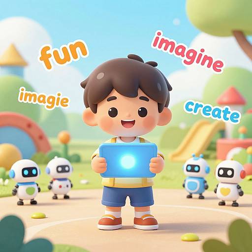 Digital cartoon: Cute boy with brown hair, blue shirt, and shorts, holding glowing tablet, surrounded by small robots in colorful playground. Words 