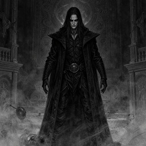 Dark, gothic digital art of a menacing figure with long black hair, wearing a voluminous, ornate black coat, standing in a foggy