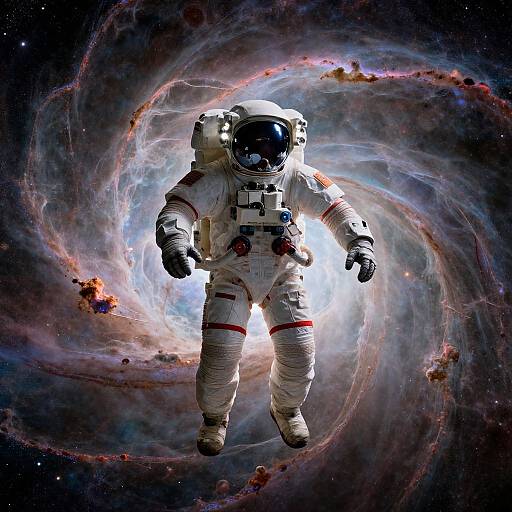 Photograph-style CGI of an astronaut floating in a swirling, colorful galaxy. The astronaut wears a white spacesuit with red stripes, black gloves, and