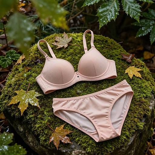 Photograph of a pale pink bra and matching panties on a moss-covered tree stump, surrounded by green leaves and autumn leaves.