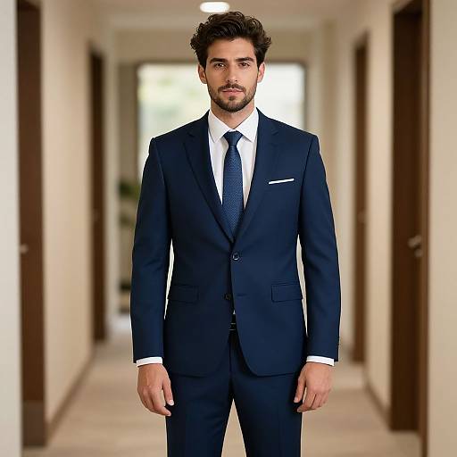 Photograph of a handsome, dark-haired man with a trimmed beard, wearing a dark navy suit, white shirt, and blue tie, standing in a