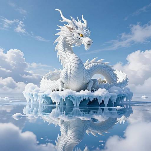 Digital art of a majestic white dragon with sharp scales and yellow eyes, sitting on a floating ice island, reflecting in a calm, blue sky with fluffy