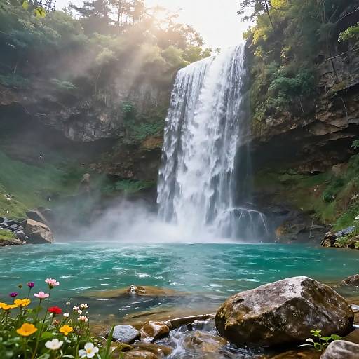 Photograph of a cascading waterfall into a turquoise pool, surrounded by lush greenery, sunlit mist, and colorful wildflowers in the foreground.