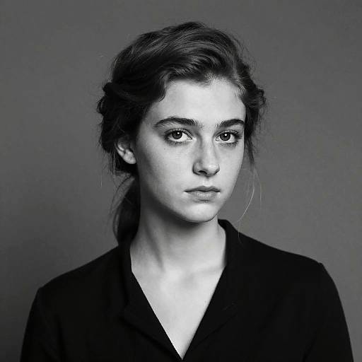 Black-and-white portrait photograph of a young woman with wavy hair, wearing a dark blazer, looking slightly to the right, against a gray background