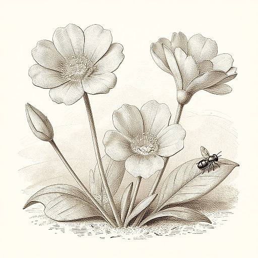 Detailed black-and-white ink drawing of three blooming flowers with a small bee on a leaf, showcasing intricate line work and textures.