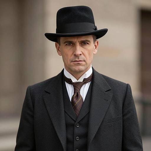 Photograph of a serious white man in his 30s, wearing a black suit, white shirt, brown tie, and black bowler hat,