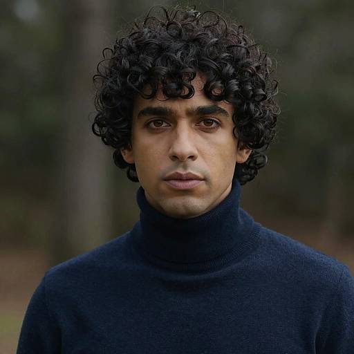 Photograph of a young man with curly black hair, brown eyes, medium skin tone, wearing a dark blue turtleneck sweater, standing in a