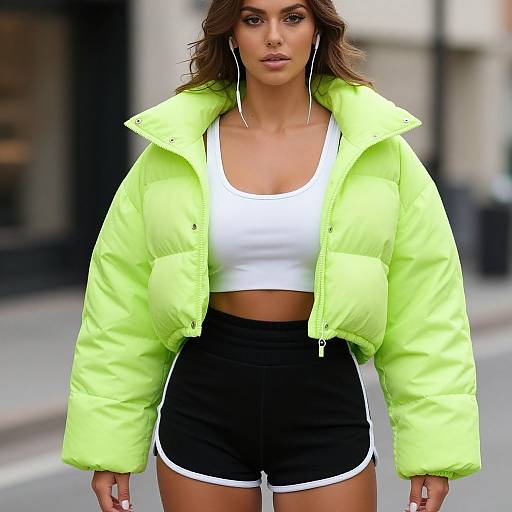Photograph of a woman with wavy brown hair, wearing a neon green puffer jacket, white crop top, and black athletic shorts, standing on