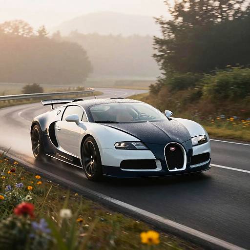 Photograph of a sleek, white and black Lamborghini Gallardo speeding down a curvy, flower-lined road during a misty sunset.