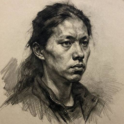 Monochromatic pencil drawing of a contemplative Asian woman with tied-back hair, realistic texture, detailed shading, and a somber expression.