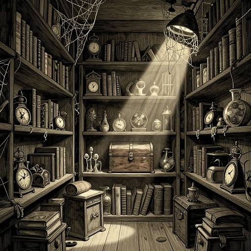 Mysterious, dimly-lit wooden library with shelves of antique clocks, books, and a chest, illuminated by a hanging lantern. Detailed digital illustration