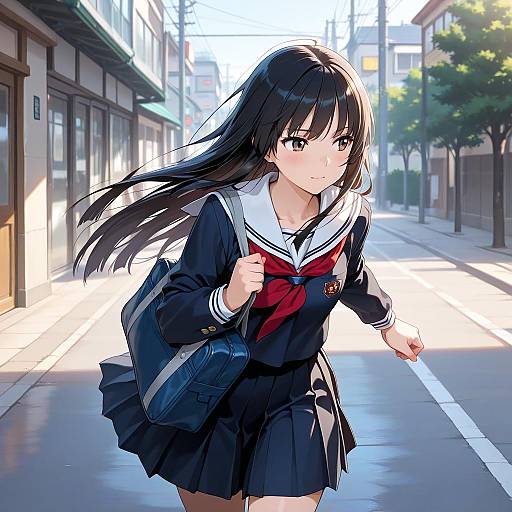 Anime Schoolgirl Running on Street