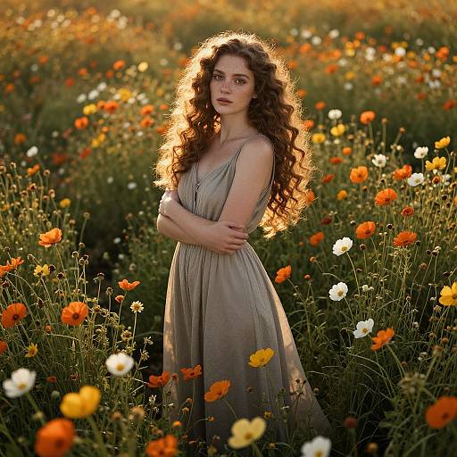 Photograph of a young woman with long, curly brown hair, wearing a flowing gray dress, standing in a sunlit field of orange and white pop