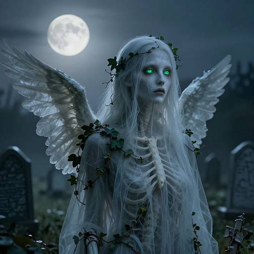 Photograph-style digital artwork of a ghostly, white-skinned angel with green glowing eyes, skeletal chest, white wings, and vine-covered hair,