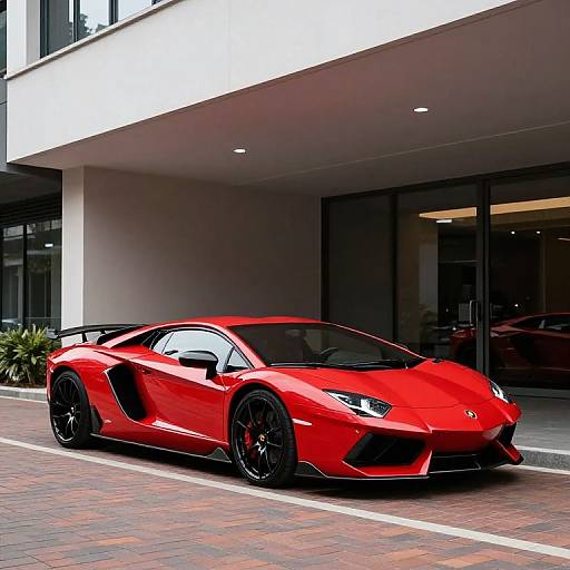 Photograph of a sleek, bright red Lamborghini sports car parked outside a modern, minimalist building with large glass windows.