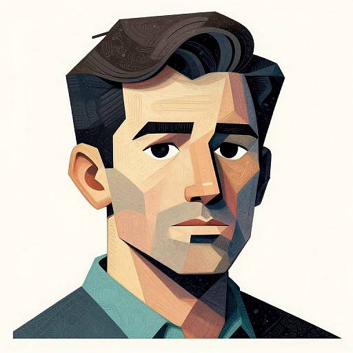 Digital portrait of a serious, stylized man with dark hair, angular features, and bold colors; geometric shading and clean lines.