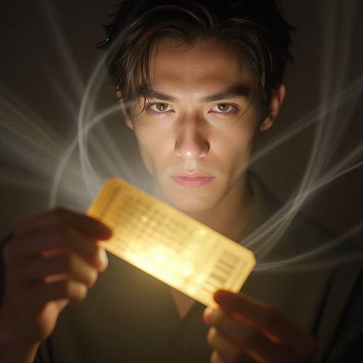 Photograph of a serious, dark-haired man holding a glowing, yellow credit card with white, radiating lines against a dark background.