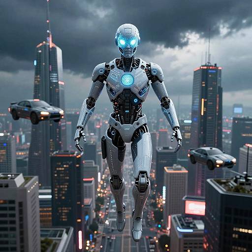 Futuristic AI Superhero Over City