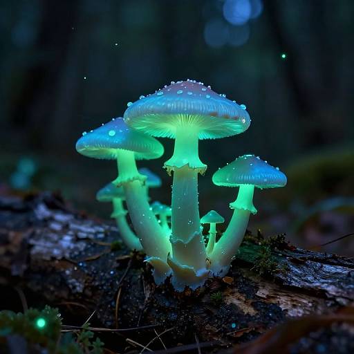 Photograph of glowing blue-green mushrooms with droplets on caps, illuminated in a dark forest; vibrant colors contrast with the shadowy background.