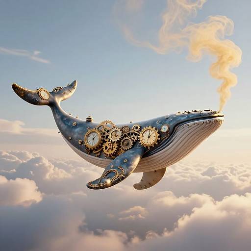 Steampunk whale with intricate gears and clockwork mechanisms flying above fluffy clouds in a bright, blue sky with sunlight.