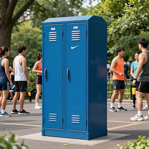 Photograph of a blue lockers stand in a park, surrounded by people jogging and wearing athletic wear, trees in the background.
