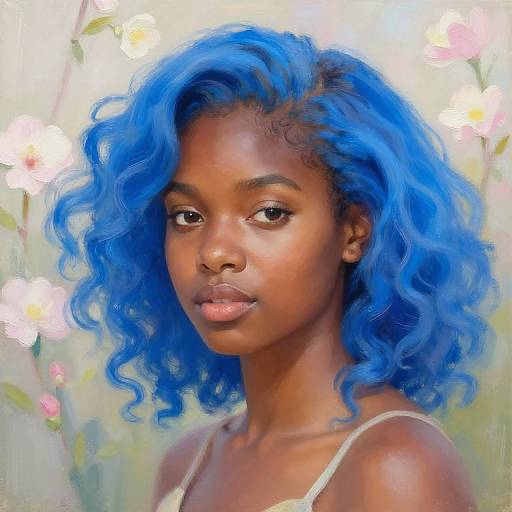 Digital painting of a beautiful Black woman with vibrant blue curly hair, wearing a white strap top, against a blurry floral background.