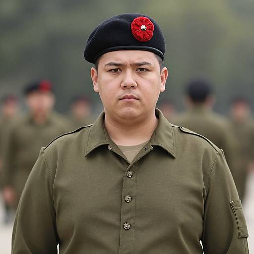 Photograph of a serious-looking Asian man in military uniform with olive shirt, black beret featuring red emblem, blurred background of similarly dressed soldiers.