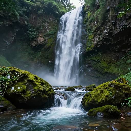 Photograph of a lush, green canyon with a powerful waterfall cascading down rocky cliffs, surrounded by moss-covered rocks and misty water.
