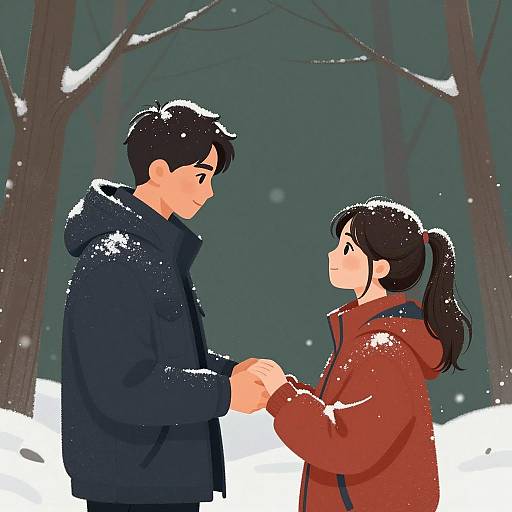 Couple Holding Hands in Snowy Forest