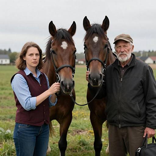 Two People with Brown Horses in Field