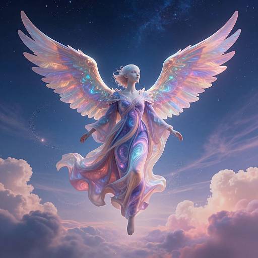 Digital artwork of a glowing angel with iridescent wings, wearing a flowing, ethereal dress, floating among pink-tinged clouds against a star