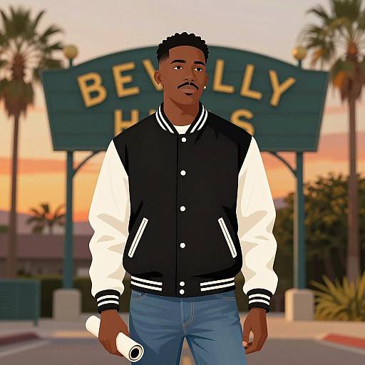 Man in Varsity Jacket at Sunset