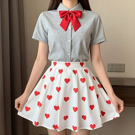 Female in Heart-Patterned Skirt and Bow