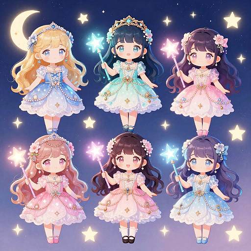 Chibi Magical Girls with Sparkling Wands