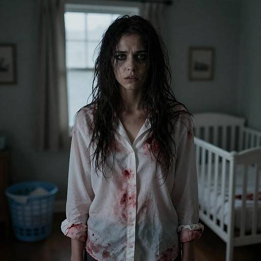 Disheveled Woman in Blood-Stained Shirt in Dim Bedroom