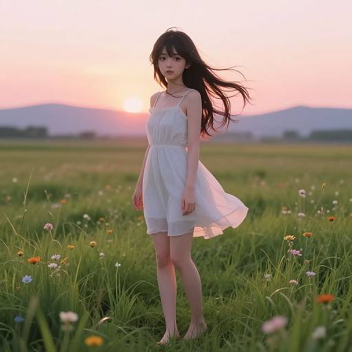 Barefoot Anime Girl in Meadow Sunset