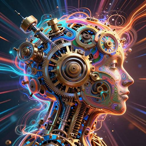 Digital artwork of a colorful, steampunk-style mechanical head with gears, cogs, and glowing neon lines, set against a radiant, cosmic background