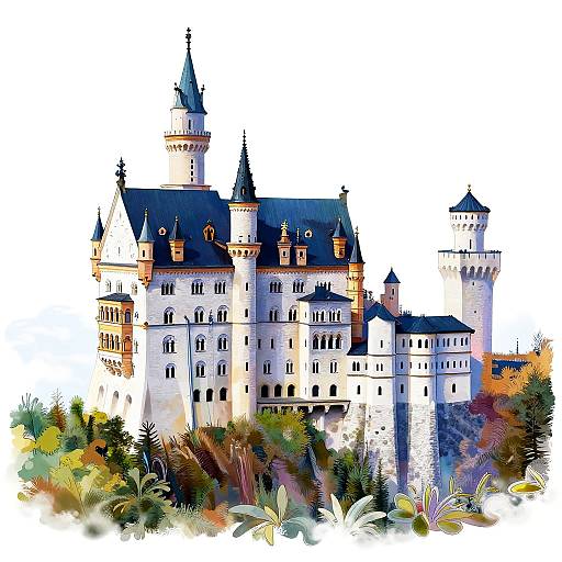 Digital painting of a grand, white, medieval castle with multiple towers and blue roofs, surrounded by colorful, vibrant foliage.