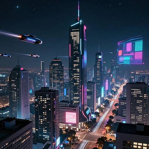 Neon-lit futuristic cityscape at night, featuring towering skyscrapers with vibrant blue, pink, and purple lights, flying hovercraft, and