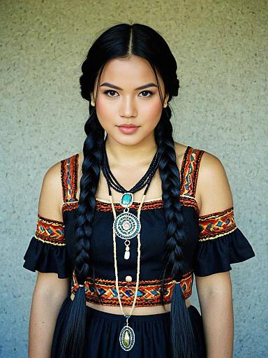 Photograph of an Asian woman with long black braids, wearing a black, off-shoulder, embroidered top, and intricate necklaces, against