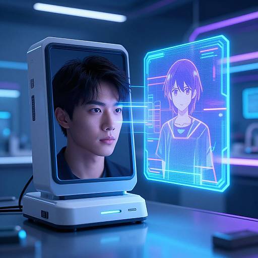 Neon-lit photograph of an Asian man with black hair in a monitor, next to a glowing blue holographic avatar of himself. Sci-fi lab